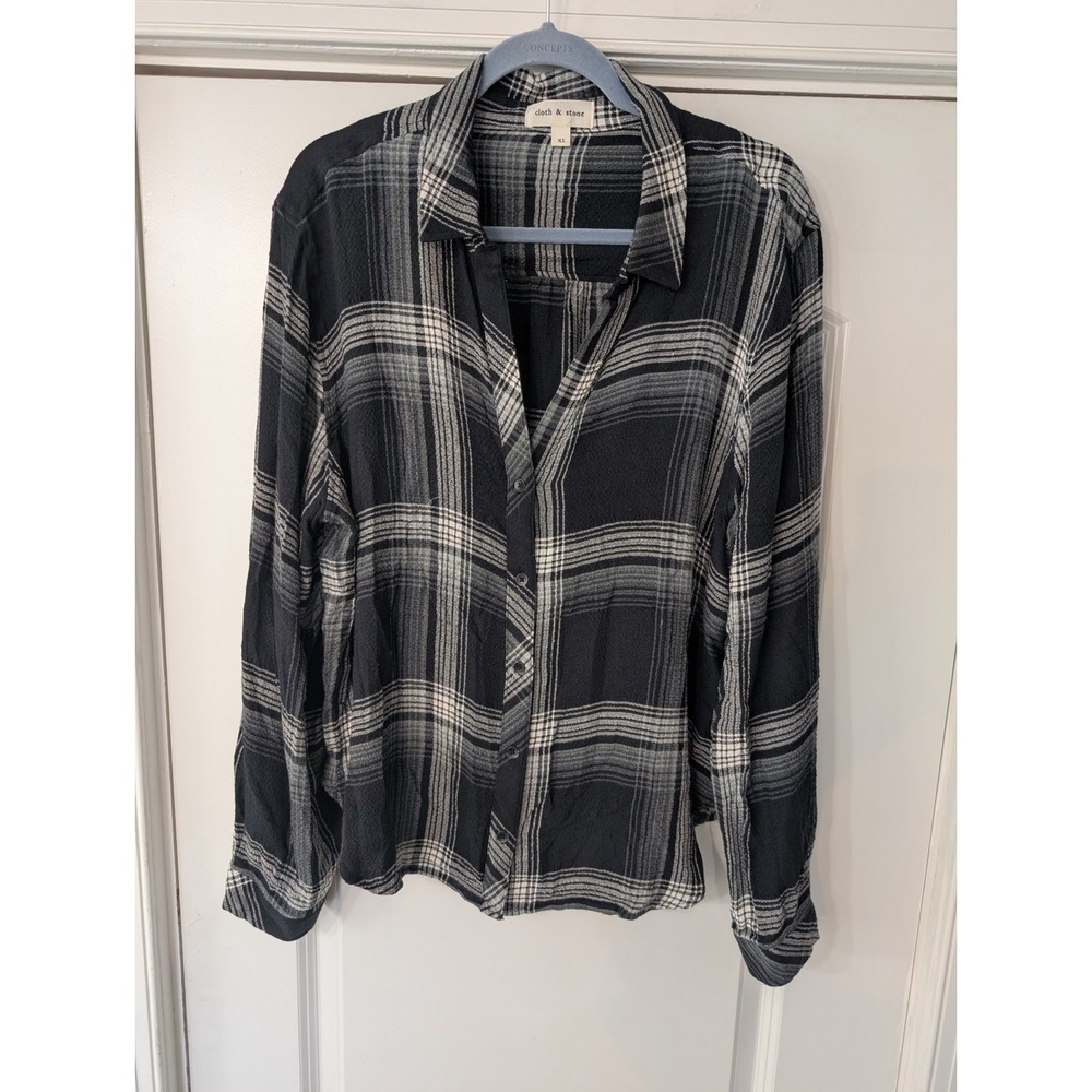 Cloth & Stone Womens XL Plaid Button Down Shirt‎ Black Grey Long Sleeve grunge